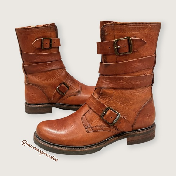 $389 Veronica Tanker Cognac Brown Real Leather Strappy Belted Moto Combat Boots - Picture 4 of 14